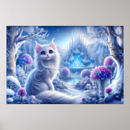 Elegant White Cat in a Snowy Magic Realm Poster