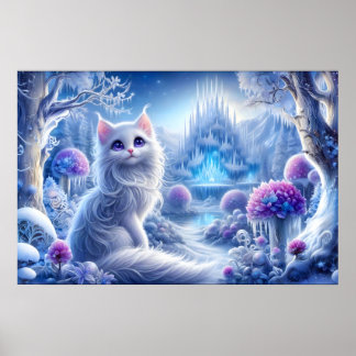 Elegant White Cat in a Snowy Magic Realm Poster