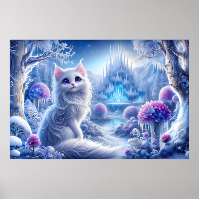 Elegant White Cat in a Snowy Magic Realm Poster (Framsidan)