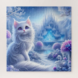 Elegant White Cat in a Snowy Magic Realm Pussel