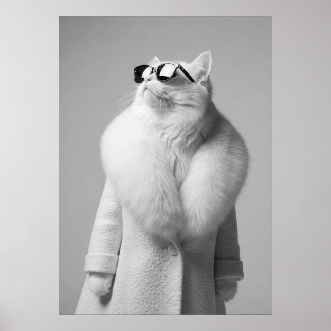 Elegant White Cat in Fur Collar Coat Sunglasses Poster (Framsidan)