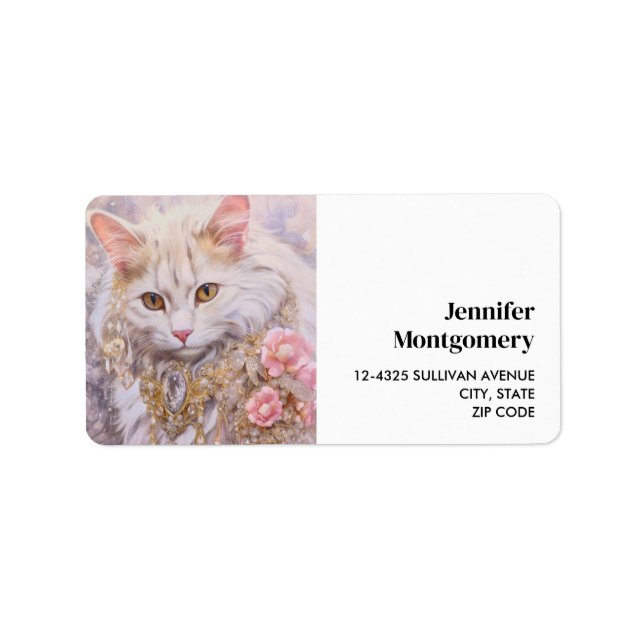 Elegant White Cat in Luxury Jewels Adressetikett (Framsidan)