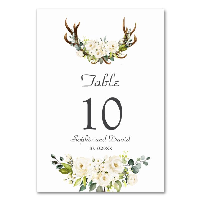 Elegant White Cream Flowers Antlers Bröllop Bordsnummer (Framsidan)