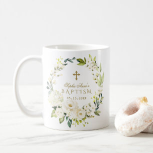 Elegant White Cream Flowers Guld Kor Baptism Kaffemugg