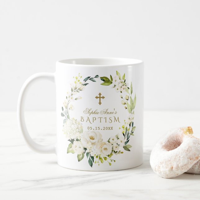 Elegant White Cream Flowers Guld Kor Baptism Kaffemugg (Med munk)