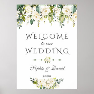 Elegant White Cream Flowers Välkommen Bröllop Sign Poster