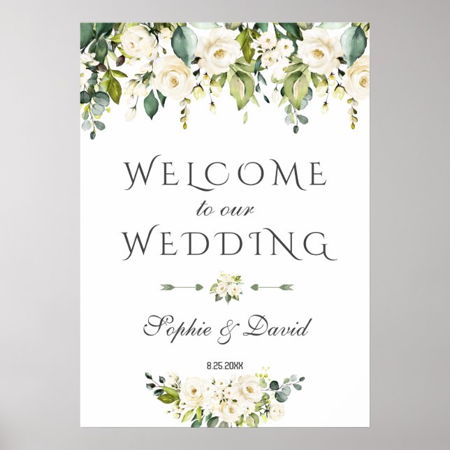 Elegant White Cream Flowers Välkommen Bröllop Sign Poster (Framsidan)