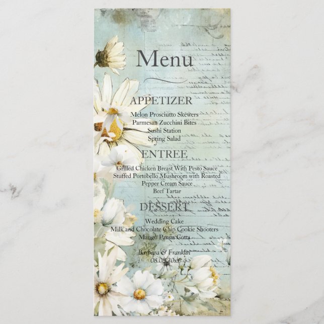 Elegant White Daisy Bröllop Menu Meny (Framsida)