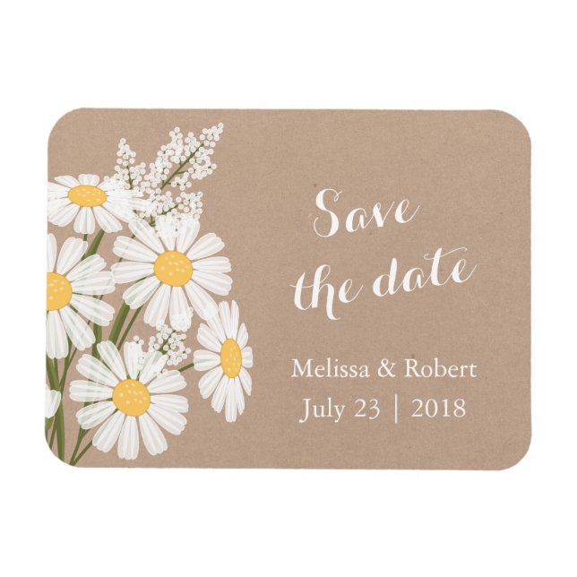 Elegant White Daisys Beige Spara datum Bröllop Magnet (Horisontell)
