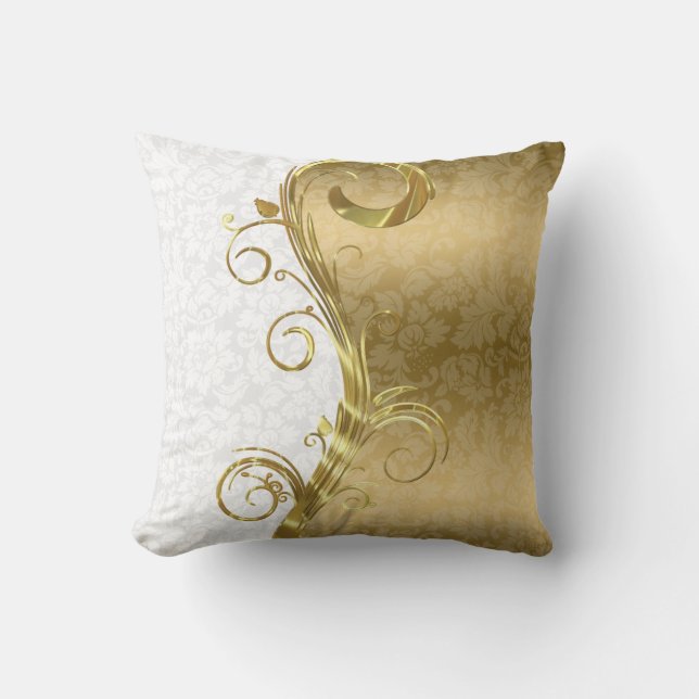 Elegant White Damask Guld Swirls Kudde (Framsida)