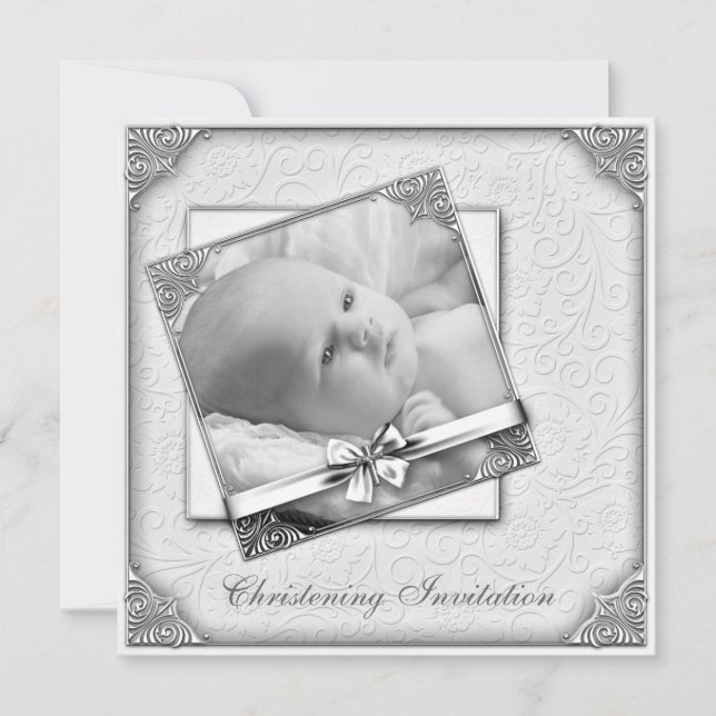 Elegant White Damask Photo Christening Inbjudningar (Framsida)