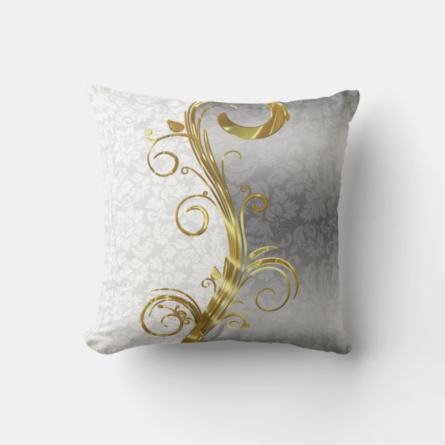 Elegant White Damasker Guld & Silver Swirls Kudde (Framsida)