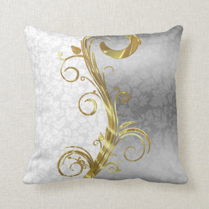 Elegant White Damasker Guld & Silver Swirls Kudde
