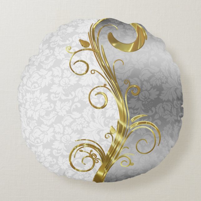 Elegant White Damasker Guld & Silver Swirls Rund Kudde (Framsidan)