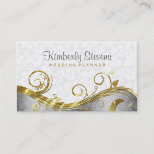 Elegant White Damasker Guld & Silver Swirls Visitkort