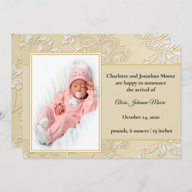 Elegant White Die cut Blommigt Birth Notice Inbjudningar (Fram/baksida)