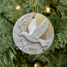 Elegant White Dove med Guld Anpassade Namn Julgransprydnad Keramik