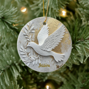 Elegant White Dove med Guld Anpassade Namn Julgransprydnad Keramik