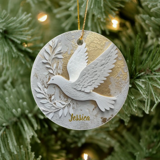 Elegant White Dove med Guld Anpassade Namn Julgransprydnad Keramik (Träd)