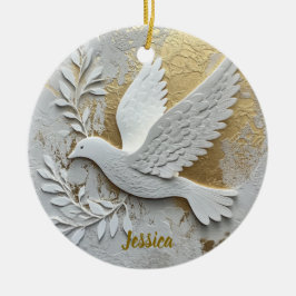 Elegant White Dove med Guld Anpassade Namn Julgransprydnad Keramik