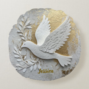 Elegant White Dove med Guld Anpassade Namn Rund Kudde