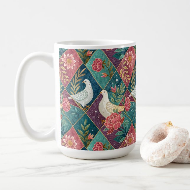 Elegant White Doves Rosa Blommigt & Guld Geometric Kaffemugg (Med munk)