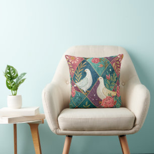 Elegant White Doves Rosa Blommigt & Guld Geometric Kudde
