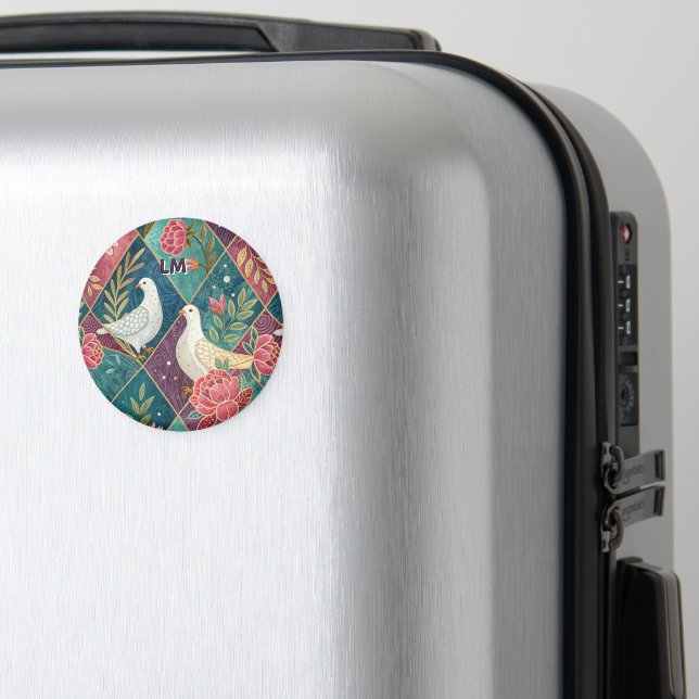 Elegant White Doves Rosa Blommigt & Guld Geometric Magnet (In Situ (Luggage))