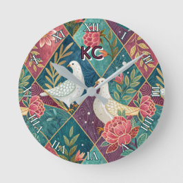 Elegant White Doves Rosa Blommigt & Guld Geometric Rund Klocka