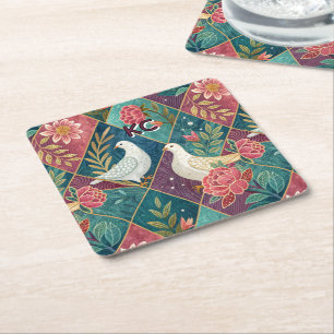 Elegant White Doves Rosa Blommigt & Guld Geometric Underlägg Papper Kvadrat