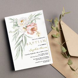 Elegant White Dusty Ro Flowers Bouquet Baptism Inbjudningar