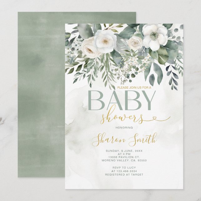 Elegant White Eucalyptus Blommigt Girl Baby Shower Inbjudningar (Fram/baksida)