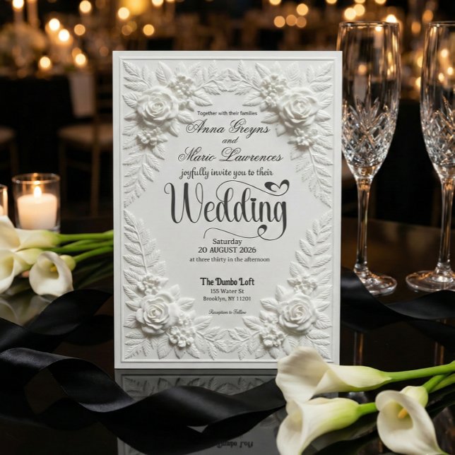 Elegant White Faux Embossed Bas-Relief Wedding  Inbjudningar (Skapare uppladdad)