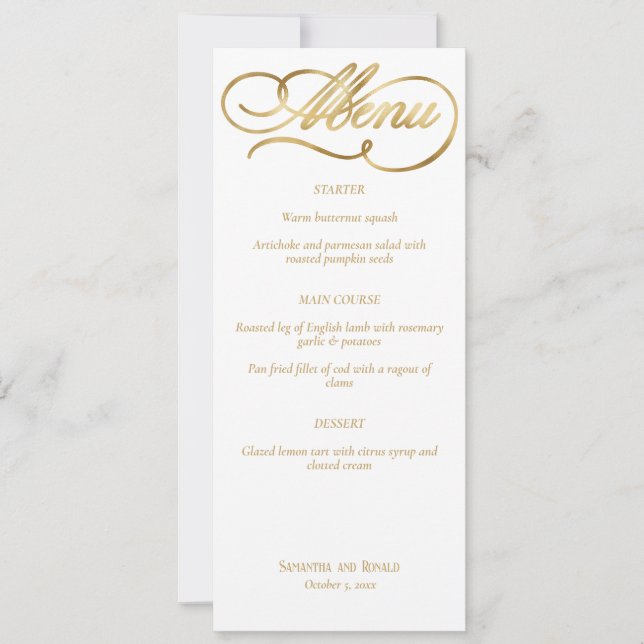 Elegant White & Faux Guld Calligraphy Bröllop Menu Inbjudningar (Framsida)