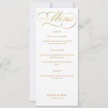 Elegant White & Faux Guld Calligraphy Bröllop Menu