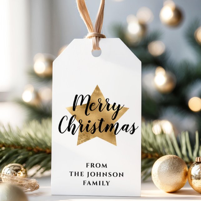 Elegant White Faux Guld Star God jul Presentetikett (Elegant Festive Faux Gold Star Merry Christmas Gift Tags)