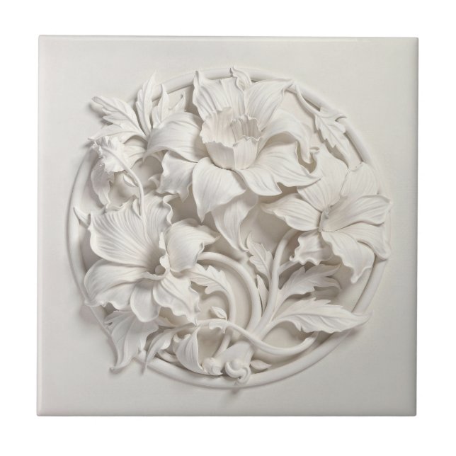 Elegant White Faux Relief Flowers Kakelplatta (Framsidan)