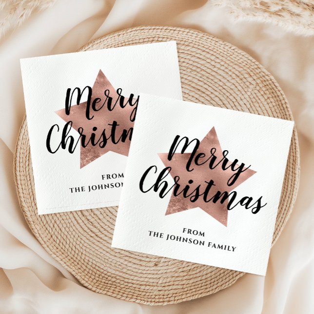 Elegant White Faux Ro Guld Star God jul Pappersservett (Elegant White Faux Rose Gold Star Merry Christmas Napkins)