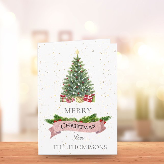 Elegant White Faux Rosa Glitter God jul Anteckningskort (Elegant White Faux Pink Glitter Merry Christmas Note Card)