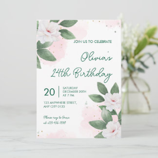 Elegant White Floral 24th Birthday Invitation Inbjudningar