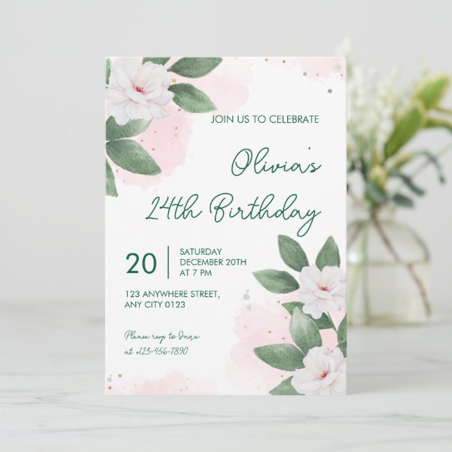 Elegant White Floral 24th Birthday Invitation Inbjudningar (Stående Fram)
