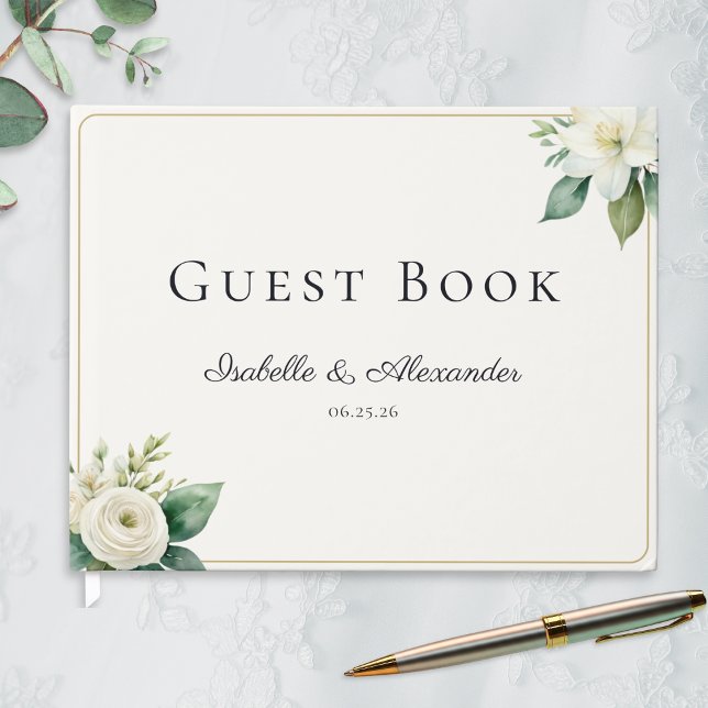 Elegant White Floral and Greenery Custom Wedding Gästböcker (An elegant wedding guest book with custom names and date, with white floral motifs and greenery)