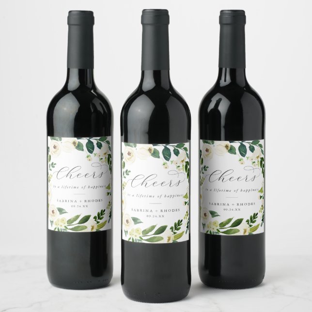 Elegant White Floral Cheers Wedding Wine Labels Vinflaska Etikett (Flaskor)