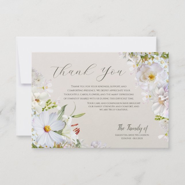 Elegant White Floral Funeral Thank You Card Tack Kort (Framsida)
