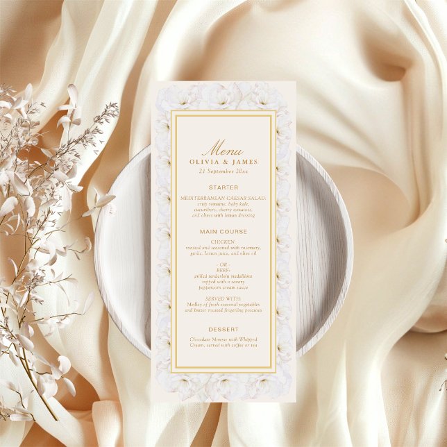 Elegant White Floral Ivory Gold Border Menu (Skapare uppladdad)
