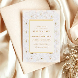 Elegant White Floral Ivory Gold Border Wedding Inbjudningar