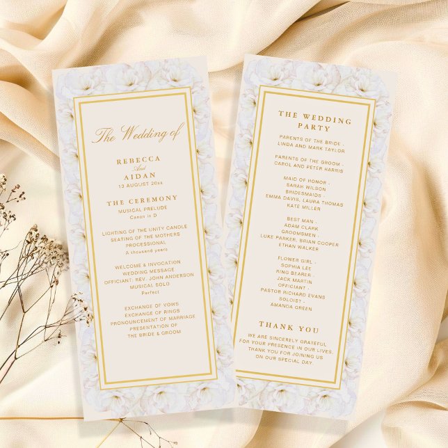 Elegant White Floral Ivory Gold Wedding Program (Skapare uppladdad)