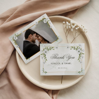 Elegant White Floral Wedding Photo Thank You Card Tack Kort
