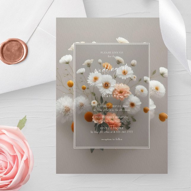 Elegant White Flowers | 3D Ram | Unik Bröllop Inbjudningar (Elegant blooms. Stunning 3D frame. Unique wedding invitation)