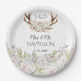Elegant White Flowers Antlers Monogram Bröllop